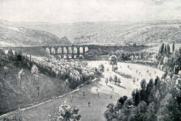 Dobová ilustrace Sychrovského viaduktu. T. Žákavec, 1936.