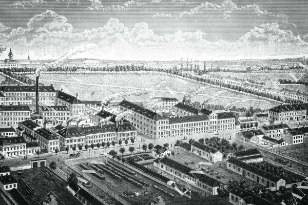 Pohled na továrnu L. & C. Hardtmuth v roce 1890. V popředí obrázku je zobrazen areál nádraží včetně strážního domku. Archiv SOkA.
