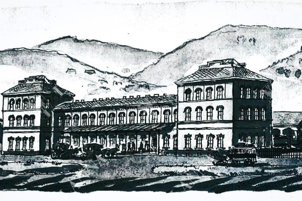 Původní koncové nádraží Smíchov z roku 1862 na kresbě Jiřího Boudy. Sbírka Mojmíra Krejčiříka. 