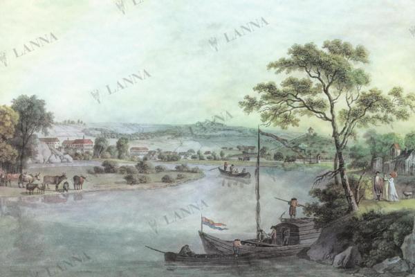 Karlínské rameno Vltavy, které bylo využíváno jako přístav nákladní lodí cca 1820. Archiv MARECZECH.