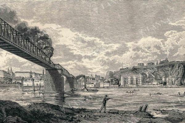Železniční most Pražské spojovací dráhy přes Vltavu, který byl otevřen 15. srpna 1872 na kresbě Eduarda Herolda. Čechy, 1897. 